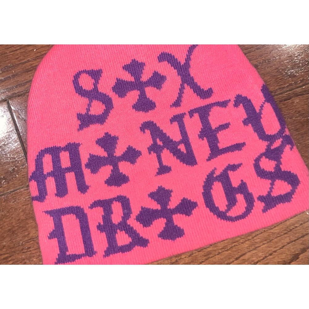 Y2K Gothic Cross Beanie Pink Black Emo Mall Goth Knit Hat